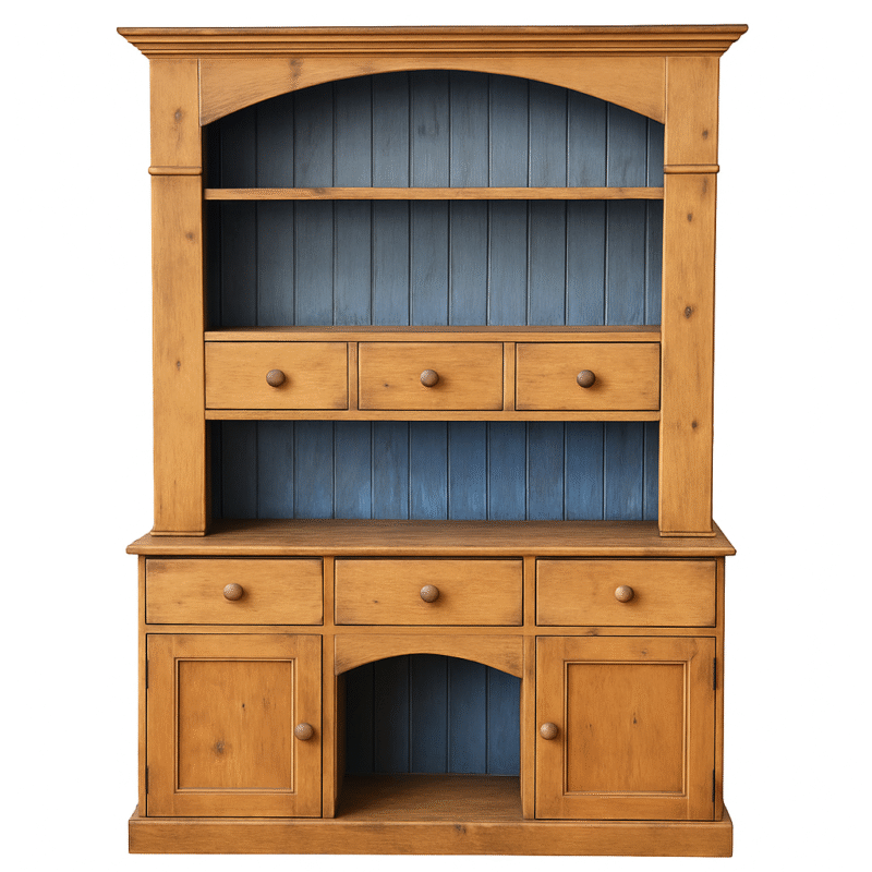 Rustic Farmhouse Solid Pine Hutch with Blue Back Panel
